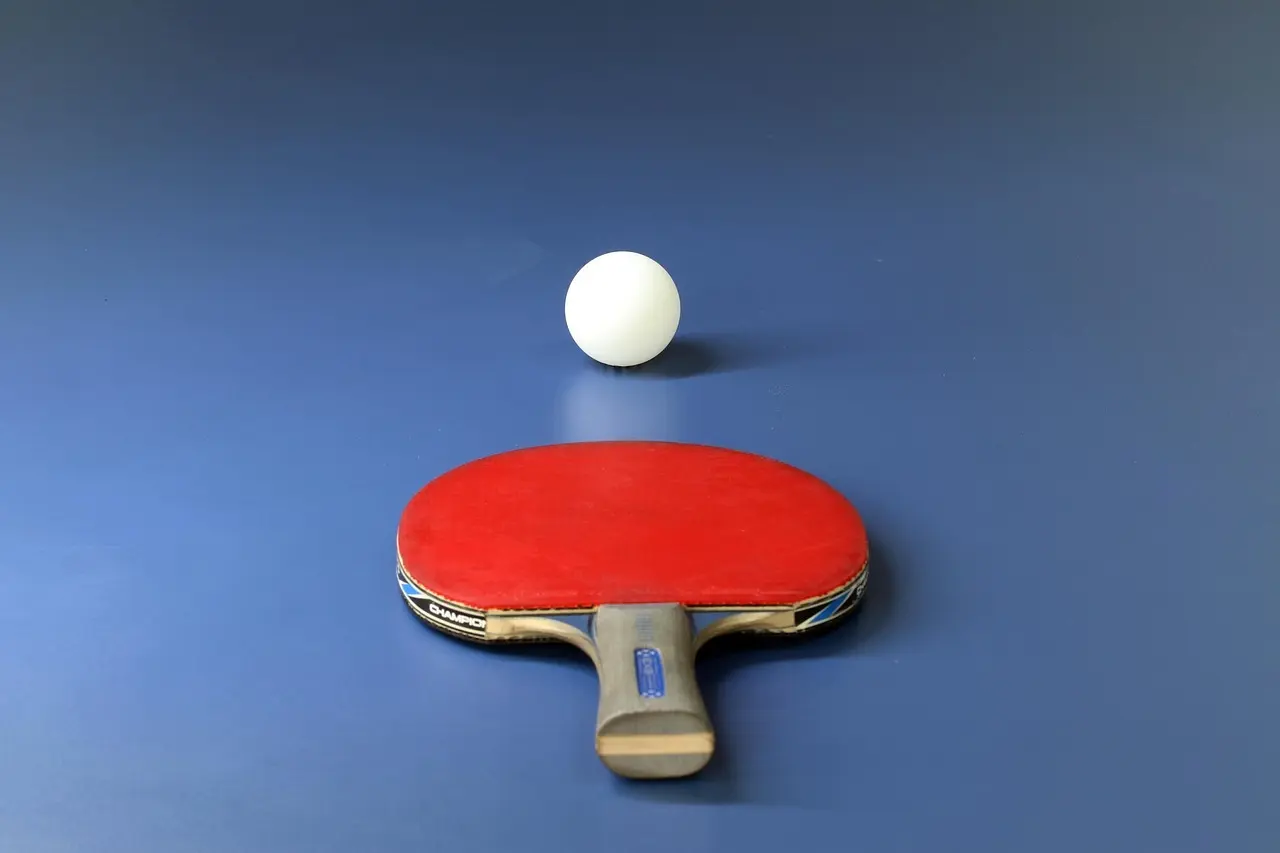 Rødt bordtennisbat og hvid bordtennisbold på et blåt bord